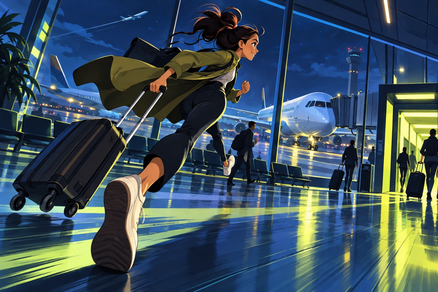 Animated woman sprinting through a nighttime airport with her carry-on.