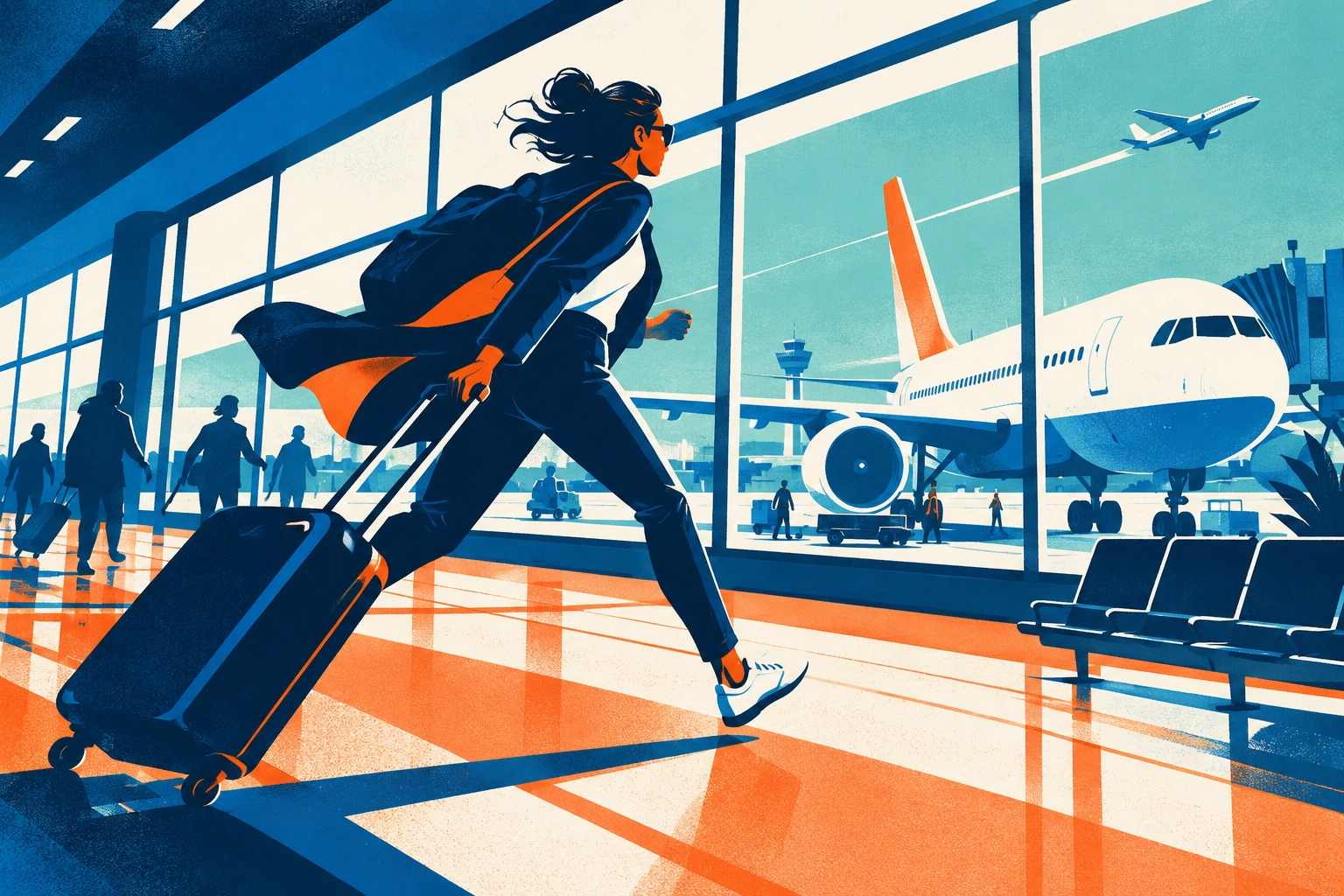 Illustration of a woman sprinting through an airport with her carry-on.